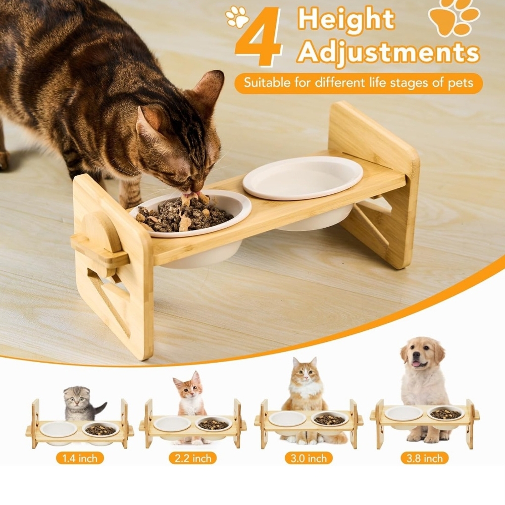 Bamboo Elevated Pet Feeder with Ceramic Bowls - Picture 2 of 5